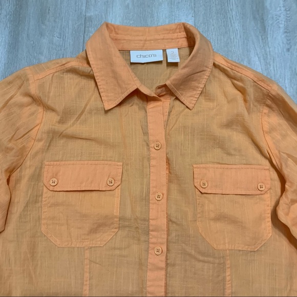 Chico’s Orange Peach Split Back Shirt Sz 2 L - Picture 5 of 8